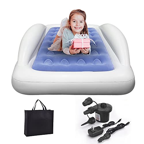 Inflatable Toddler Travel Bed - Portable Toddler Bed For Kids, Camping Air Mattress Blow Up Toddler Bed With Sides, Air Bed Idea For Sleeping Indoor Road Trip Camping Sleepovers(Blue)