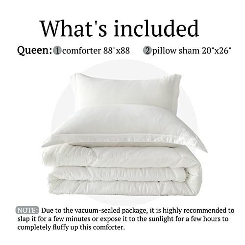  MILDLY Queen Comforter Set - White Bedding Comforter Sets 100% Washed Microfiber Super Soft 3 PCS, All Season Fluffy Lightweight Down Alternative Quilted Comforter 88x88 Inches, 2 Pillow Shams