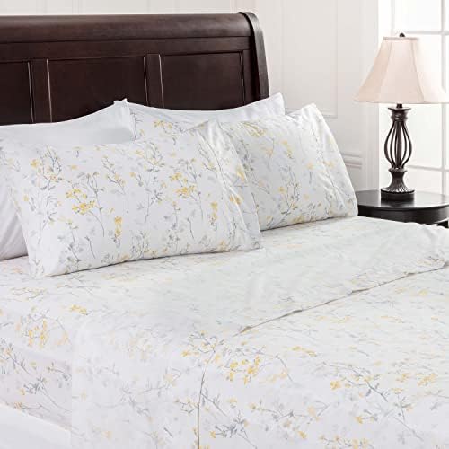  Traditional Floral Printed Elegant Patterned King Bed Sheet Set 4-Piece - 1 Flat Sheet 1 Fitted Sheet And 2 Pillowcases - Ultra Soft Wrinkle Stain Resistant Microfiber Sheets - Blue