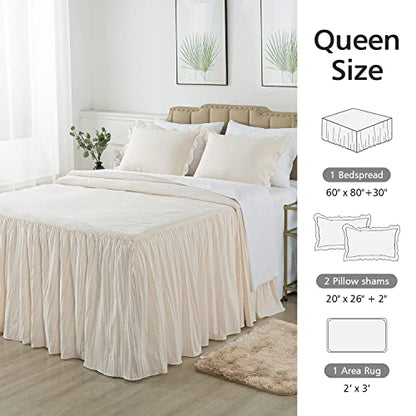  4 Pieces Ruffle Skirt Bedspread Queen With 30 Inches Drop Ruffled Style Coverlet Bedspread With 2 Shams And 1 Area Rug - Shrinkage And Fade Resistant Shabby Chic Bedding Quilt Set, Cream