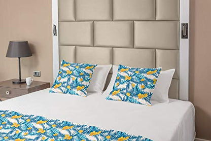 Ambesonne Tropical Bed Runner Set, Exotic Leaves And Flowers Pattern Abstract Rainforest Elements Illustration, Decorative Bedding Scarf And 2 Pillow Shams For Hotels Homes, Blue Yellow Ivory
