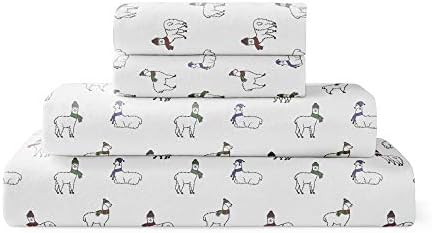  Flannel Sheet Set Cotton Soft Warm & Cozy Modern Chic With Elastic Deep Pockets, Queen, Sheep Light Blue