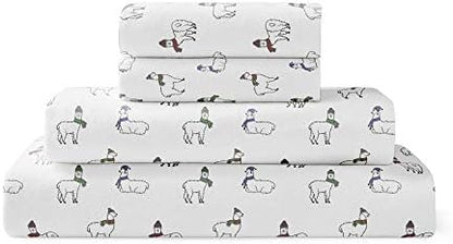  Flannel Sheet Set Cotton Soft Warm & Cozy Modern Chic With Elastic Deep Pockets, Queen, Sheep Light Blue