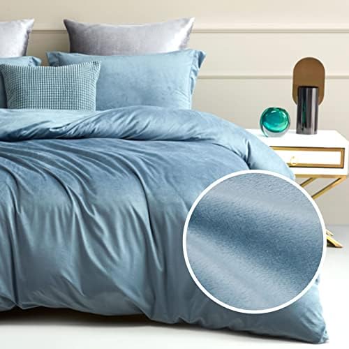  Duvet Cover Queen Size, Ultra Soft Velvet Duvet Cover Set With Zipper Closure, Plush Velvet Duvet Cover Brushed Microfiber Bedding, 1 Duvet Cover 90"x90" And 2 Pillow Shams (Blue)