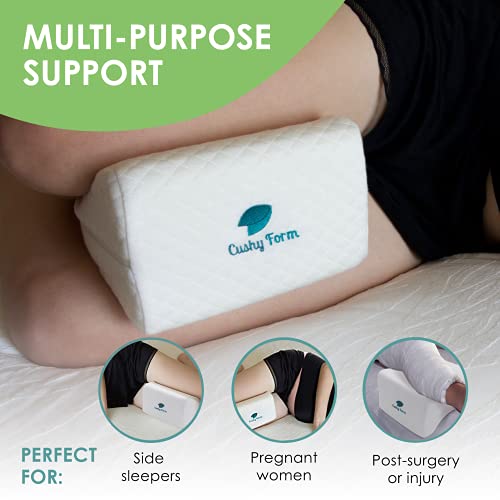 Cushy Form Knee Pillow For Side Sleepers - Standard Orthopedic Wedge Leg Pillow For Sleeping And Hip & Lower Back Pain - Contour Memory Foam Cushion For Pregnancy, Washable Cover & Travel Bag, White