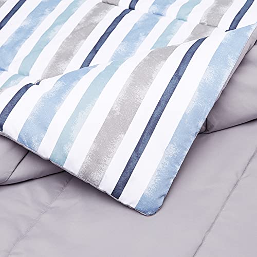 Amazon Basics Reversible Comforter Set, Twin / Twin XL, Blue Harbor Stripes, Microfiber, Ultra-Soft