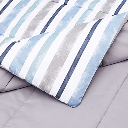 Amazon Basics Reversible Comforter Set, Twin / Twin XL, Blue Harbor Stripes, Microfiber, Ultra-Soft