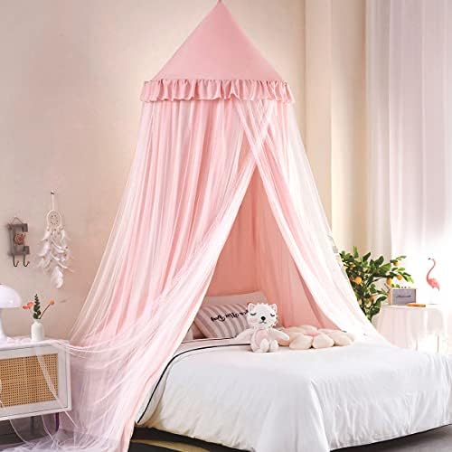  Kertnic Bed Canopy For Kids Room Double Layer Mosquito Net, Hanging Play Tent Children Reading Nook Canopies, Round Dome Princess Castle Dreamy Bedding For Girls Room House Décor (Beige Pink)
