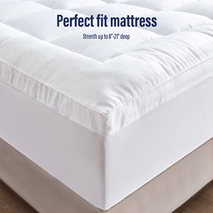  Xtra Thick Queen Mattress Topper, Breathable Fluffy Ultra Soft 1300 GSM Down Alternative Filled Fitted Mattress Protector 8-21" Deep Pocket, Comfort Support Back Mattress Pad Cover (60x80 In,White)
