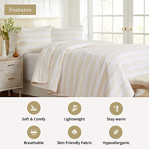 3 Piece King Quilt Set With Shams | Soft & Breathable For Spring & Summer | All-Season Quilt | Multi Layer Coverlet | Lightweight Bedspread | Boho Stripes | Bettina Collection (King, Parchment)