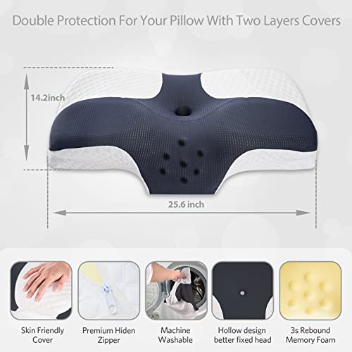  Fullengy Cervical Memory Foam Pillow, Contour Pillows For Neck, Shoulder, Back Pain Relief, Ergonomic Neck Contoured Support Pillow For Side, Back, Stomach Sleepers, Washable Pillowcase