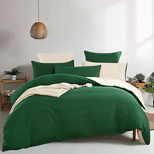  Dark Green Duvet Cover Reversible Beige Duvet Cover Queen Size 3 Pieces Soft Microfiber Minimalilst Style Solid Colored Bedding Set With Zipper Ties Home Deco Gift Choice