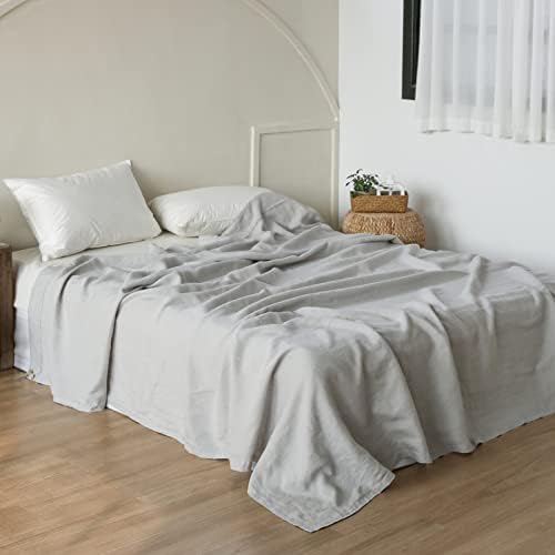  Simple&Opulence French Linen Flat Sheet With Embroidered Border-100% Stone Washed Flax Bedding,Queen Size(90''x102'') Ultra Soft,Breathable Flat Top Sheet-1 Piece Bed Flat Sheet Only(Linen)