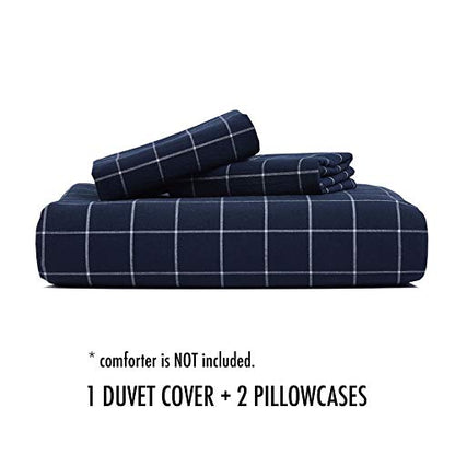  - Navy Grid Duvet Cover Set, 100% Washed Cotton Bedding, Navy Blue With White Grid Plaid Geometric Pattern Printed, With Zipper Closure (3pcs, Twin Size)
