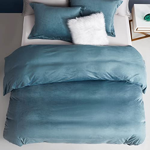  Duvet Cover Queen Size, Ultra Soft Velvet Duvet Cover Set With Zipper Closure, Plush Velvet Duvet Cover Brushed Microfiber Bedding, 1 Duvet Cover 90"x90" And 2 Pillow Shams (Blue)