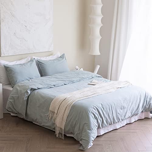  BISELINA French Linen Duvet Cover Set 3pcs With Hidden Zipper Closure Natural Flax Cotton Blend Solid Color Soft Breathable Luxury Farmhouse Bedding -King Size, White
