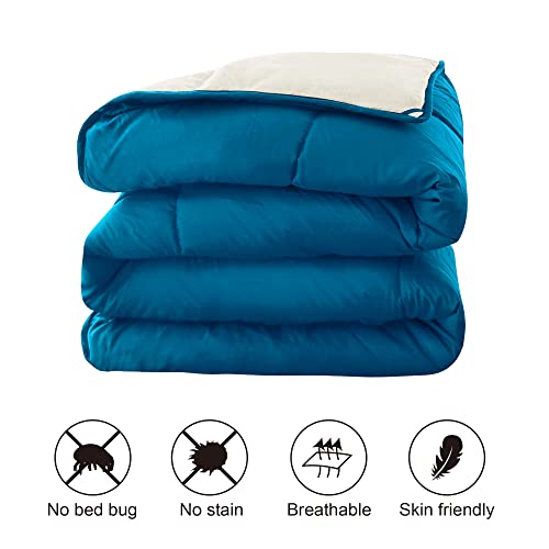  Eversible Down Alternative Quilted Comforter, Hypoallergenic & Lightweight For Spring, Duvet Insert With Corner Tabs, Full/Queen Size, Teal Blue/White