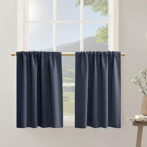  Navy Blue 36 Inch Length Cafe Curtains,2 Panels Blackout Window Treatment Tiers Thermal Rod Pocket Short Loft Bed Boys Bunk Bed Curtains,Dark Blue