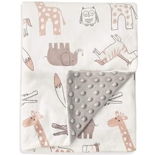 Baby Blanket Soft Minky With Double Layer Dotted Backing, Lovely Animals Printed 30 X 40 Inch Receiving Blanket