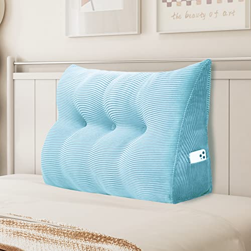  YXCSELL Headboard Wedge Pillow Triangular Bolster Pillows For Daybed Sofa Cushion Corduroy Large Support Backrest Bed Rest Reading Pillow Lumbar Positioning Upholstered (Sky Blue,Twin)