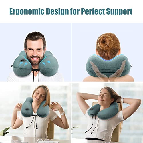  Urophylla Inflatable Travel Pillow For Airplane, Inflatable Neck Pillow For Traveling With 3D Contoured Eye Masks, Adjustable Neck/Chin Support Pillow For Trains, Cars, Large (Green)