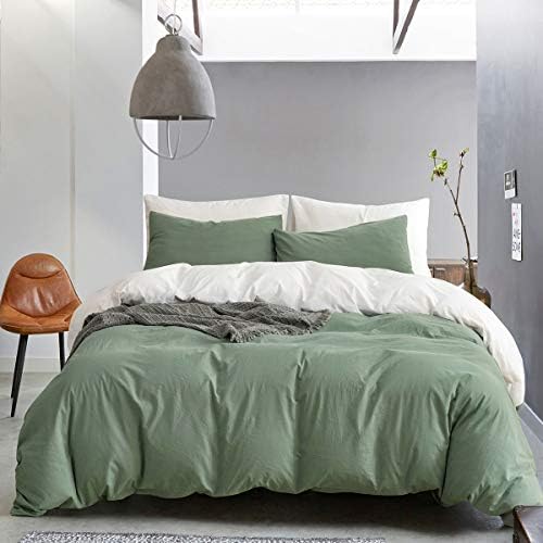  3 Pieces Duvet Cover Set Queen 100% Washed Cotton 1 Duvet Cover With Zipper And 2 Pillowcases, Ultra Soft And Easy Care Breathable Cozy Simple Style Bedding Set (Avocado Green)