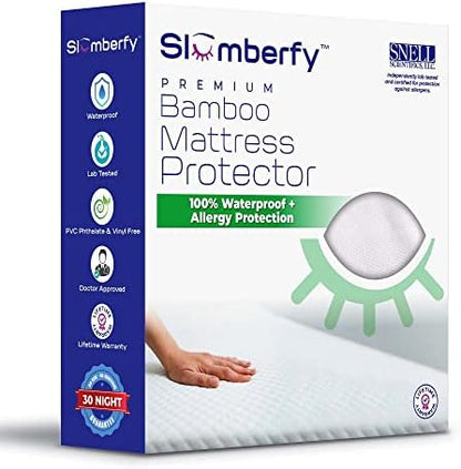  Waterproof Mattress Protector By Slumberfy | Hypoallergenic Bamboo Mattress Protector | Natural + Breathable Jacquard Fabric | Queen Mattress Cover – 60x80”