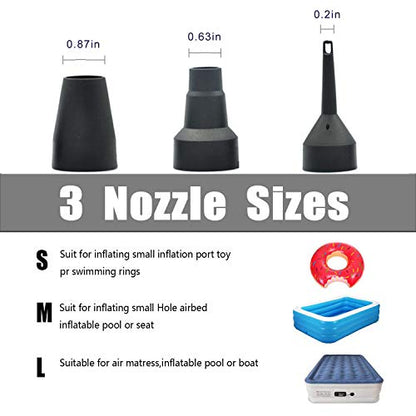  Electric Air Pump For Inflatables Rechargeable Portable Air Mattress Pump Inflator/Deflator Air Pump For Pool Floats, Raft, Bed, Boat, Pool Toy With 12-24V DC &120V AC Adaptor, 3 Nozzles
