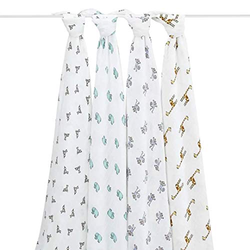  Aden + Anais Swaddle Blanket, Boutique Muslin Blankets For Girls & Boys, Baby Receiving Swaddles, Ideal Newborn & Infant Swaddling Set, Perfect Shower Gifts, 4 Pack, Jungle Jam