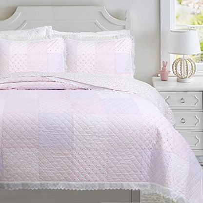  Cozy Line Home Fashions Pink Flower Lace Ruffle Stripe Shabby Chic Girl 100% Cotton Reversible Quilt Bedding Set, Coverlet, Bedspread (Pink Lace, Twin - 2 Piece: 1 Quilt + 1 Sham)