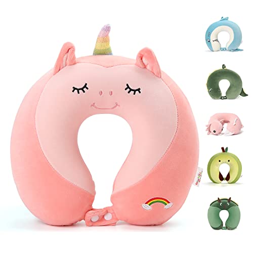  Niuniu Daddy Kids Travel Pillow For Airplane, Car, Recline - Neck Chin Support For Resting - Stops Head From Flopping Forward - Soft Memory Foam Insert And Cute Pink Unicorn Animal Plush Pillow Cover