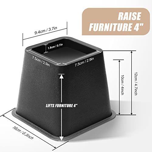  USION Bed Risers 4 Inch, Set Of 6 Bed Lifts Risers Up To 3300 Lbs,Square Risers Blocks For Sofa,Table,Couch,Chair Or Desk,Dorm Room(Black)