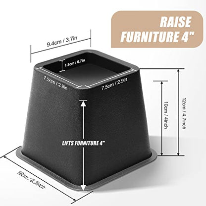  USION Bed Risers 4 Inch, Set Of 6 Bed Lifts Risers Up To 3300 Lbs,Square Risers Blocks For Sofa,Table,Couch,Chair Or Desk,Dorm Room(Black)
