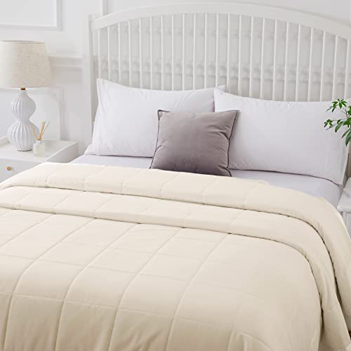  COMFLIVE Down Alternative Blanket With Satin Trim, Queen Size Blanket For Bed, Lightweight Blanket For All Seasons - Winter Summer Comfort Soft (Beige, Full/Queen)