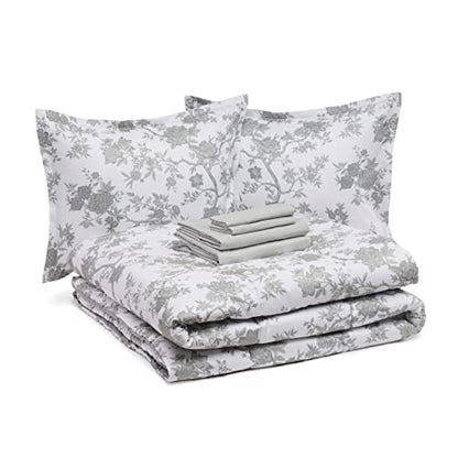  Amazon Basics 8-Piece Ultra-Soft Microfiber Bed-In-A-Bag Comforter Bedding Set - Full/Queen, Grey Chinoiserie