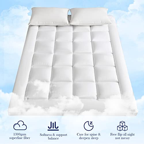  Xtra Thick Queen Mattress Topper, Breathable Fluffy Ultra Soft 1300 GSM Down Alternative Filled Fitted Mattress Protector 8-21" Deep Pocket, Comfort Support Back Mattress Pad Cover (60x80 In,White)