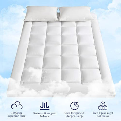  Xtra Thick Queen Mattress Topper, Breathable Fluffy Ultra Soft 1300 GSM Down Alternative Filled Fitted Mattress Protector 8-21" Deep Pocket, Comfort Support Back Mattress Pad Cover (60x80 In,White)