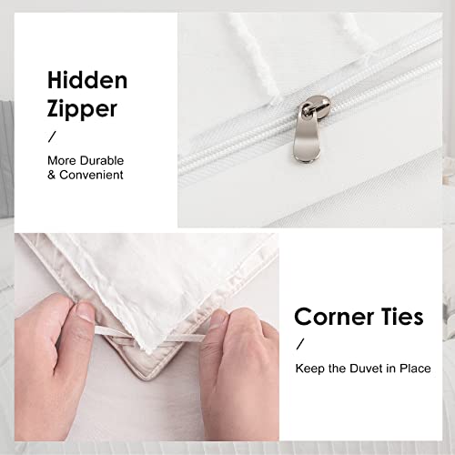  WARMDERN White Boho Duvet Cover Set Queen Size, Striped Textured Tufted Bedding Set, 3 Pcs Ultra Soft Washed Microfiber With Zipper Closure (Queen, White)