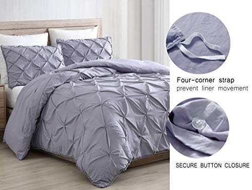  Chezmoi Collection Natalia 3-Piece Pom Poms Fringe Pinch Pleat Duvet Cover Set - Hypoallergenic Soft Washed Microfiber Comforter Cover With Button Closure And Corner Ties - Queen, Purple