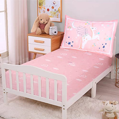  UOMNY Crib Bedding Set For Girls - Pink Baby Nursery Bedding Sets 3 Pieces Crib Quilt Comforter Fitted Crib Sheet Toddler Pillowcase Soft Star Baby Bedding Set