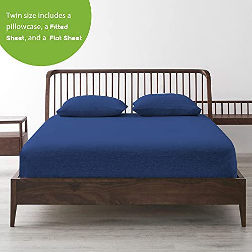  Jersey Bed Sheet Set Twin, 3 Pc Bed Sheets With Up To 10" Deep Pocket,Ultra Soft Comfortable,All Season T-Shirt Sheets Bedding,Navy Blue