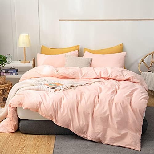  Straw Yellow 100% Washed Cotton Queen Duvet Cover Set, 3 Pieces 1 Comforter Cover And 2 Pillowcases, Ultra Soft And Breathable Solid Color Bedding Set With Zipper Closure
