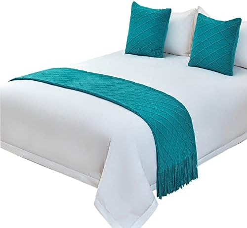  Zhiyuan Tassel Solid Knitted Bed Runner Decorative Bed End Scarf Woven Sofa Throw Blanket 50" X 102", Dark Cyan