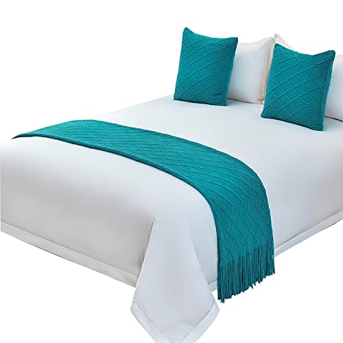  Zhiyuan Tassel Solid Knitted Bed Runner Decorative Bed End Scarf Woven Sofa Throw Blanket 50" X 102", Dark Cyan