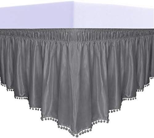  Satin Silk Pom Pom Wrap Around Bed Skirt With Adjustable Elastic Belt - 16 Inch Drop Easy To Put, Wrinkle Free Dust Ruffles, Bed Frame Cover For Twin, Twin XL And Full Size Beds, Dark Gray