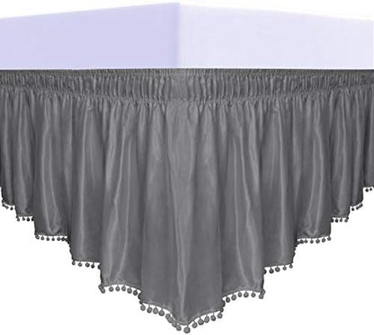  Satin Silk Pom Pom Wrap Around Bed Skirt With Adjustable Elastic Belt - 16 Inch Drop Easy To Put, Wrinkle Free Dust Ruffles, Bed Frame Cover For Twin, Twin XL And Full Size Beds, Dark Gray