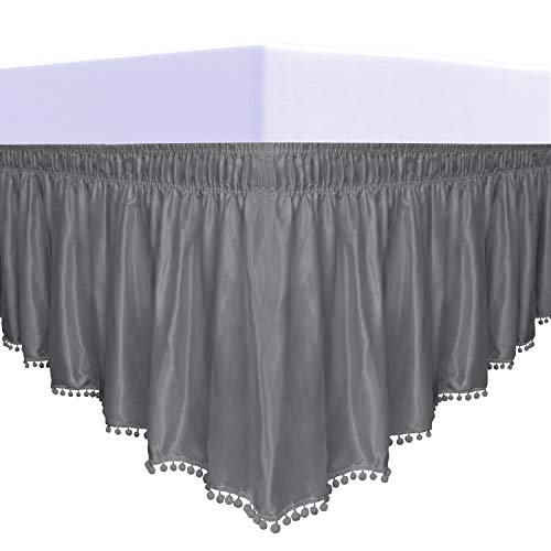  Satin Silk Pom Pom Wrap Around Bed Skirt With Adjustable Elastic Belt - 16 Inch Drop Easy To Put, Wrinkle Free Dust Ruffles, Bed Frame Cover For Twin, Twin XL And Full Size Beds, Dark Gray