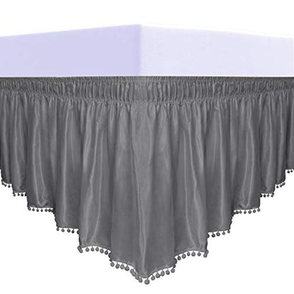  Satin Silk Pom Pom Wrap Around Bed Skirt With Adjustable Elastic Belt - 16 Inch Drop Easy To Put, Wrinkle Free Dust Ruffles, Bed Frame Cover For Twin, Twin XL And Full Size Beds, Dark Gray