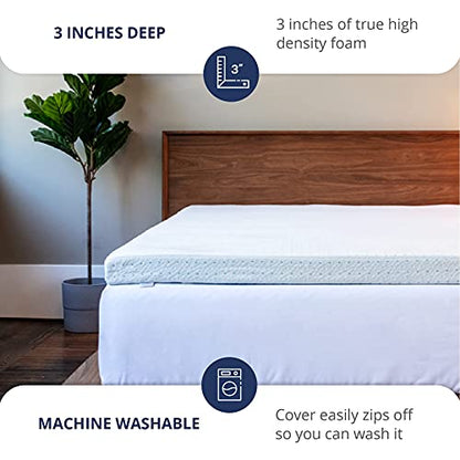  3 Inch Memory Foam Mattress Topper Twin XL - Select High Density Ventilated Extra Long Mattress Pad - Removable Bamboo-Rayon Cover