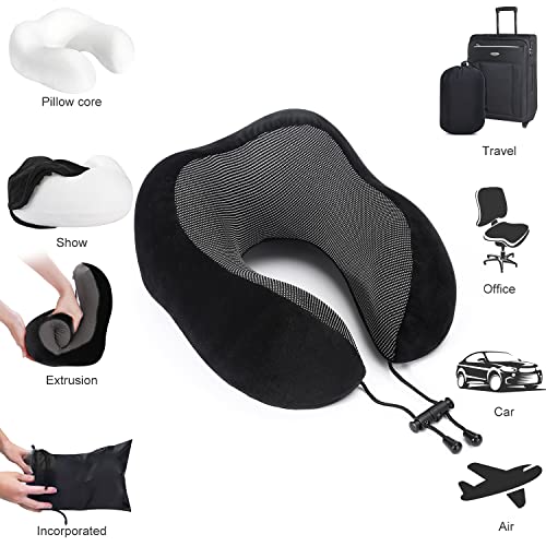  Findigit Travel Neck Pillow 100% Pure Memory Foam Pillow, Airplanes & Car Sleep Neck, Comfortable & Breathable Cover, Machine Washable, Travel Kit With Eye Masks, Earplugs, And Luxury Bag (Black)